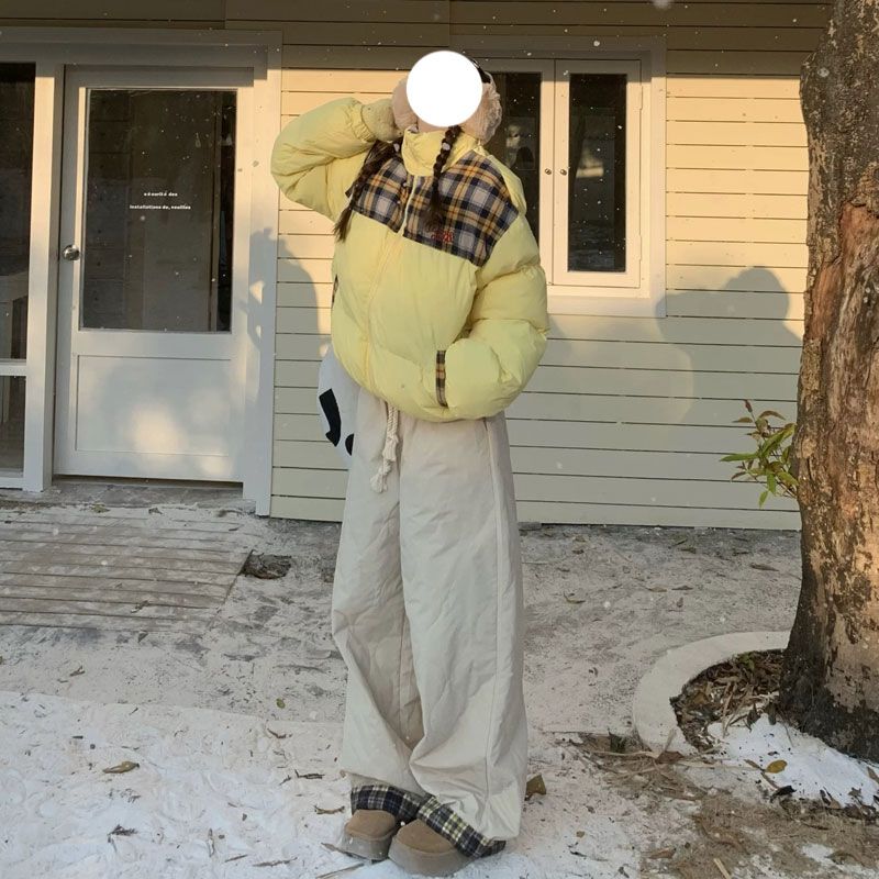 Retro American Winter Plaid-Patchwork Wide-Leg Relaxed Ski Pants - Insulated Casual Cargo Snow Trousers for Cold Weather
