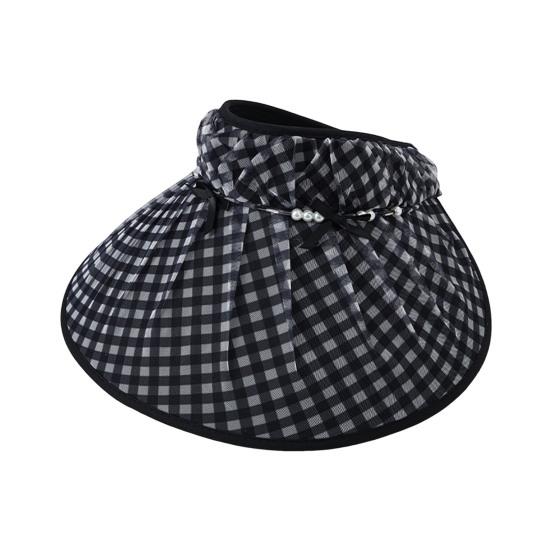 

Sun Hat Checkered Design Empty Top Full Face Sun Protection Large Eaves Hat with Bowknot Faux Pearls Decor Summer Travel Hat чёрный