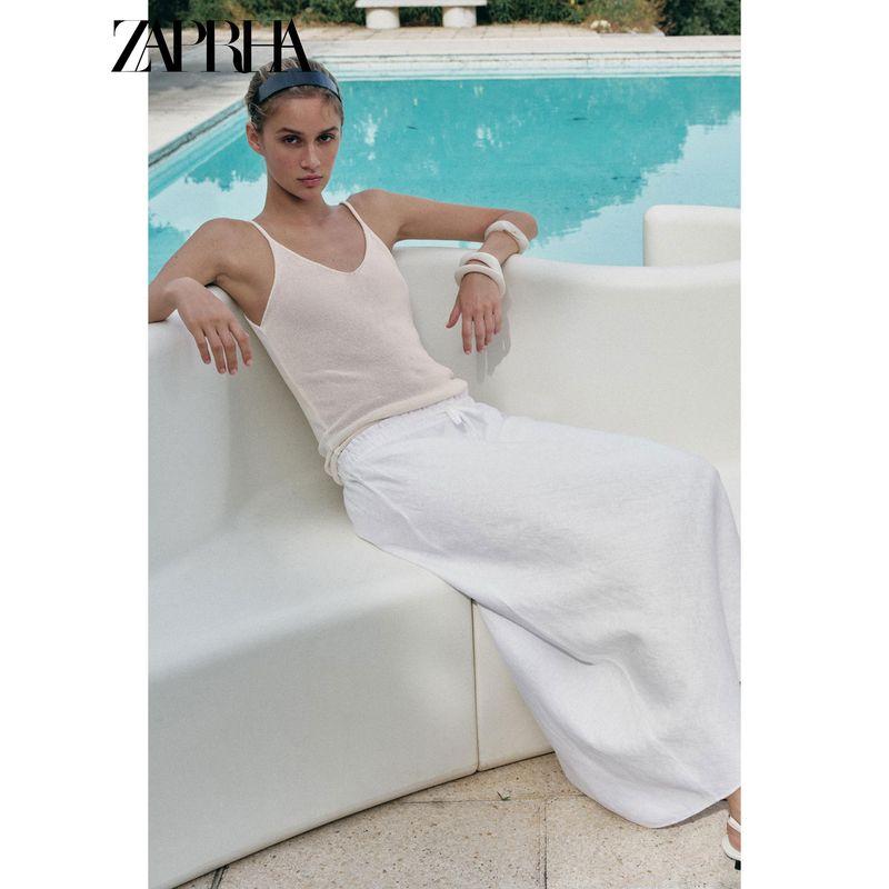 Zaprha 2025 Summer New Multi-Color All-Match Linen Mid-Waist Midi A- line Skirt 4786111