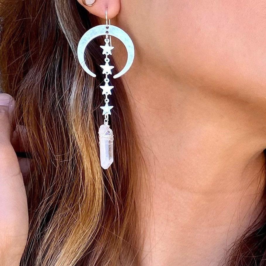 Bohemian Retro Sun Stars Crescent Moon-shaped Irregular Crystal Pendant Dangle Earrings for Women Stainless Steel Jewelry Gifts