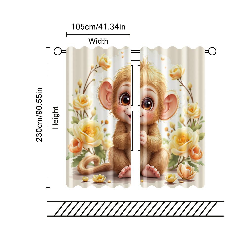 2 Pcs   Filtering Curtains (excluding Rods   Non-movable   Without Batteries) Cute Monkey for Use In Bedrooms and Living Rooms