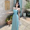 Travel Wear Design Blue Flower Waist Suspender Dress Women's Summer Seaside Vacation Beach Dress
