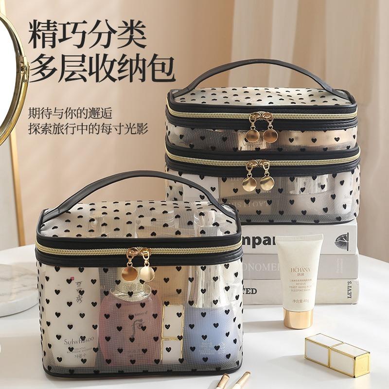 Large Capacity Flocked Heart Pattern Mesh Cosmetic Travel Storage Bag