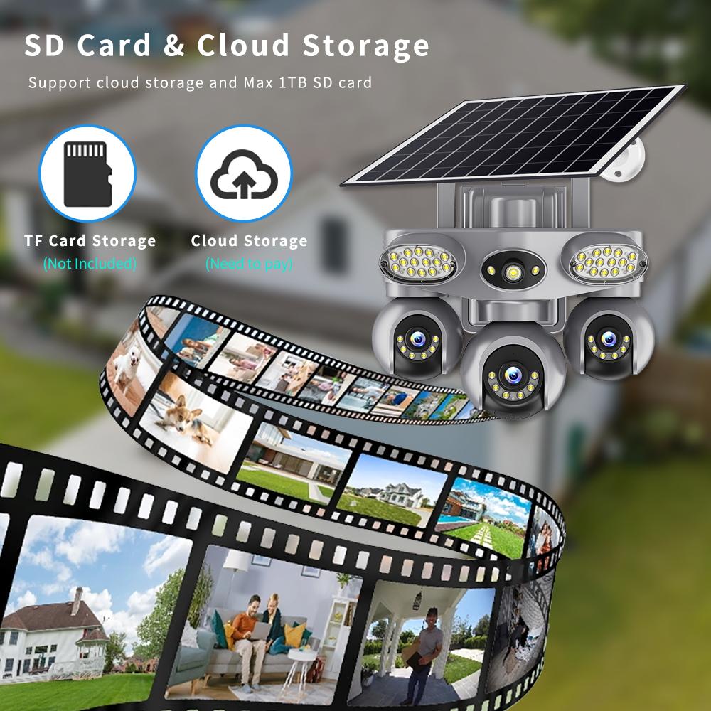 Solar PTZ Camera – 4G/WiFi Outdoor Security with 3-Screen View, Optional LED Light, 2-in-1 Surveillance & Night Lighting