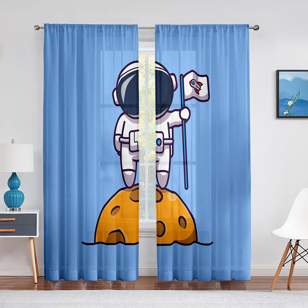 Cartoon Outer Space Astronaut Planet Sheer Voile Curtains for Living Room Bedroom Kitchen Decor Chiffon Tulle Window Curtains