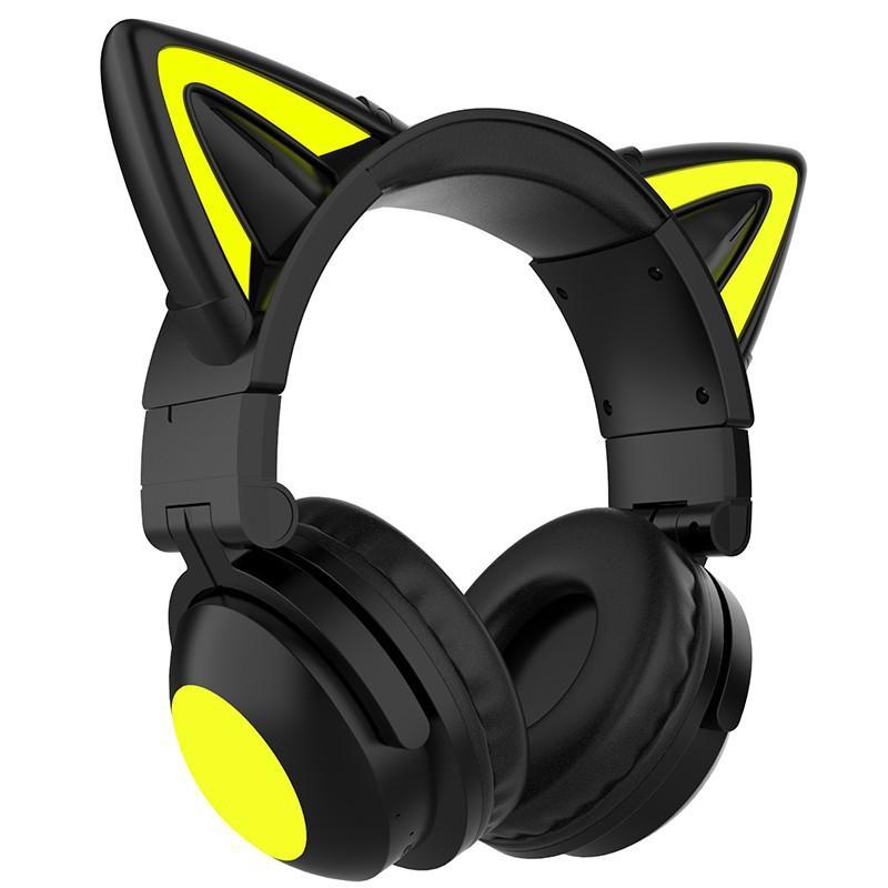 Căști de gaming cu LED, cu ureche de pisică, pliabilă, montată pe cap, Căști Bluetooth 5.0, căști fără fir adevărate cu microfon
