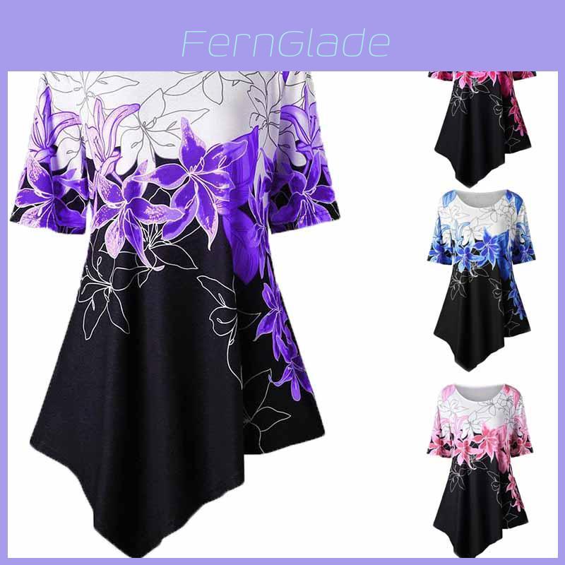 Fashionable Women Ladies Asymmetric Hem Floral Print T-shirt Tunic Tops For All Sizes