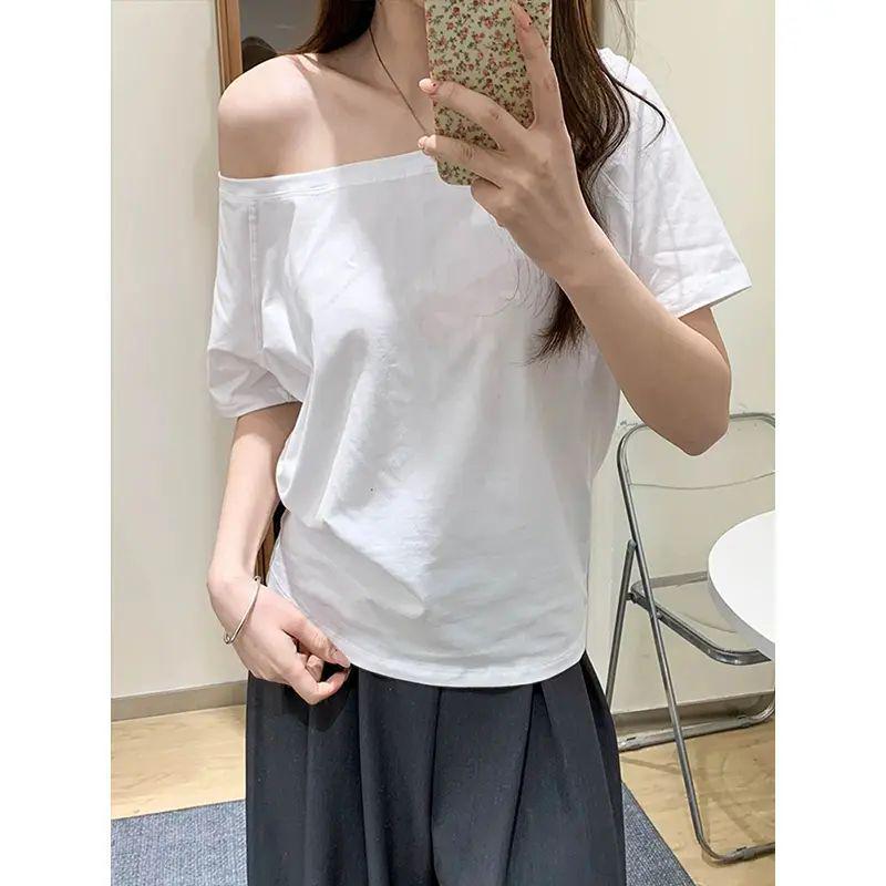 

White Asymmetric One-Shoulder Top: Women s Loose-Fit Summer T-Shirt Extra Large