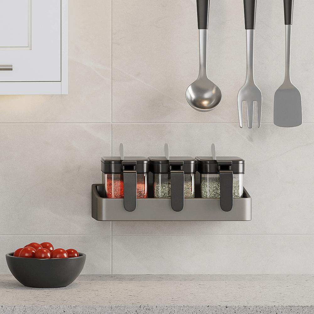 No-Drill Installation Spice Jar Removable Condiment Organizer Wall-Mounted Spice Rack Kitchen Use