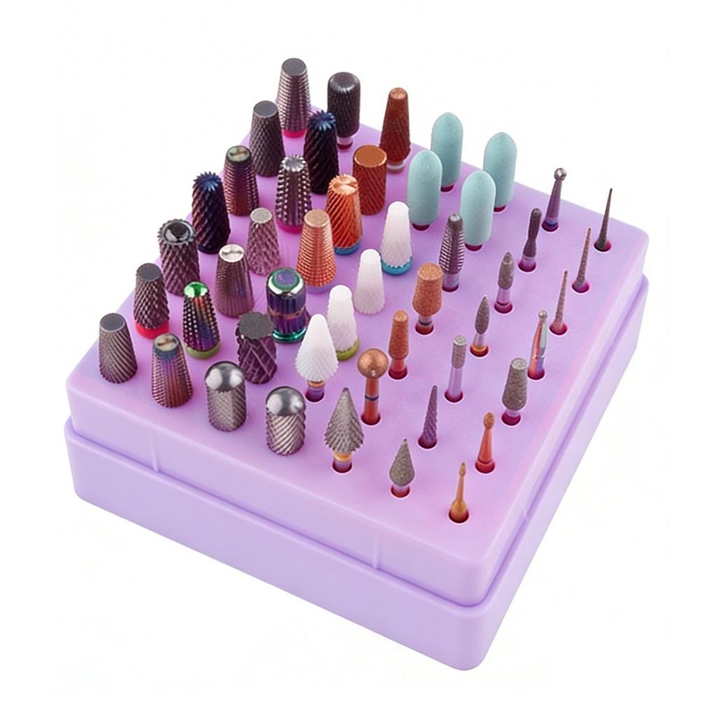 49 Holes Nail Drill Bits Holder Nail Polish Head Storage Box with Clear Dust Lid for Salon Home Purple