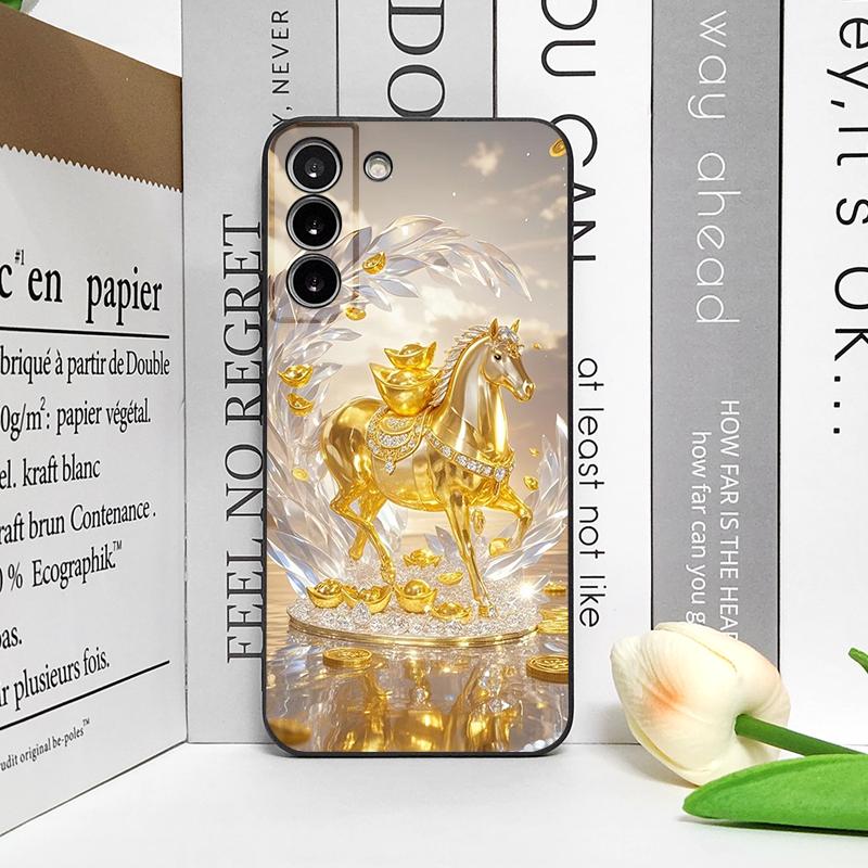 Luxury Crystal Golden Horse Pattern Phone Case for Samsung Galaxy S25 S24+ S23 Ultra S22 Plus S21 FE M53 Shockproof Soft Covers