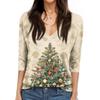 Women's Fashion Casual V Neck 3/4 Sleeve Loose  Printed T-Shirt Ladies Top