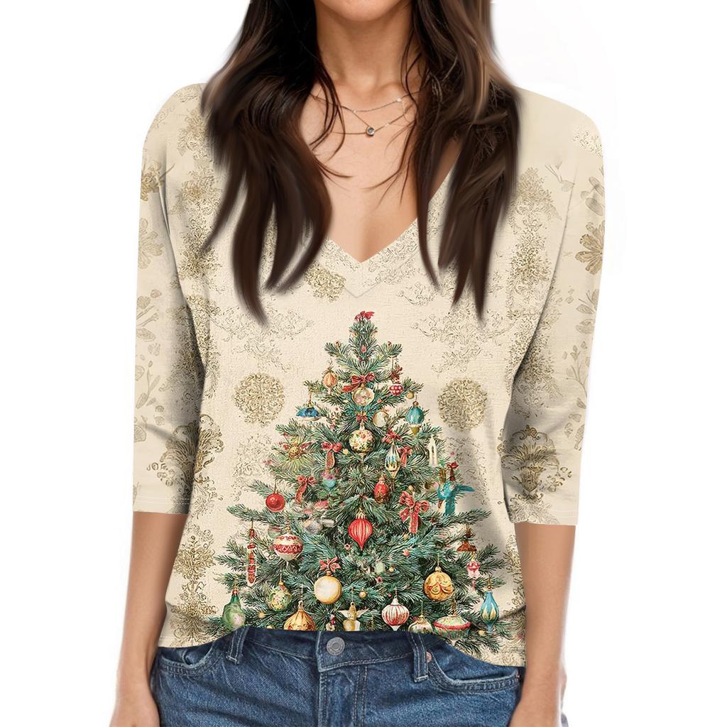 Women's Fashion Casual V Neck 3/4 Sleeve Loose  Printed T-Shirt Ladies Top