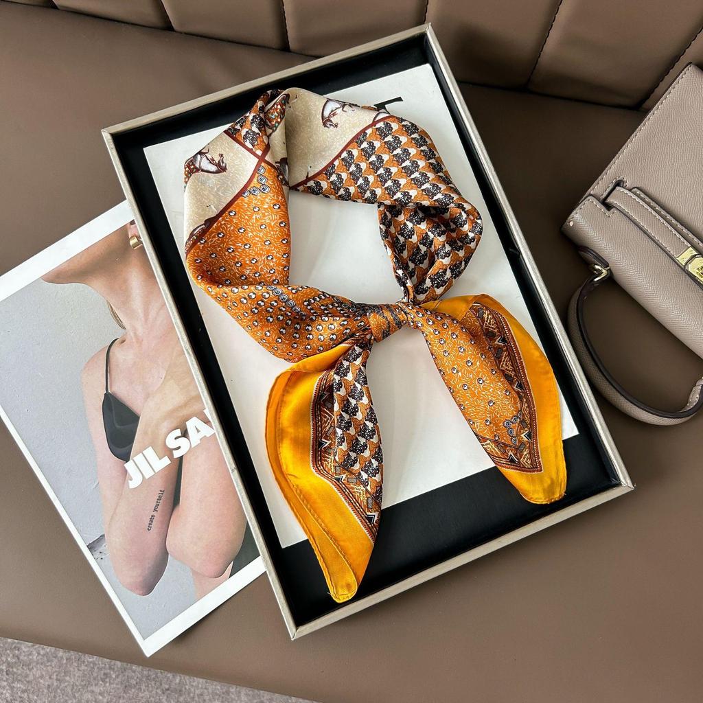 High-End Women's Lightweight Silk Square Scarf - Temperament Print Neckerchief for Neck Protection and Decoration.
