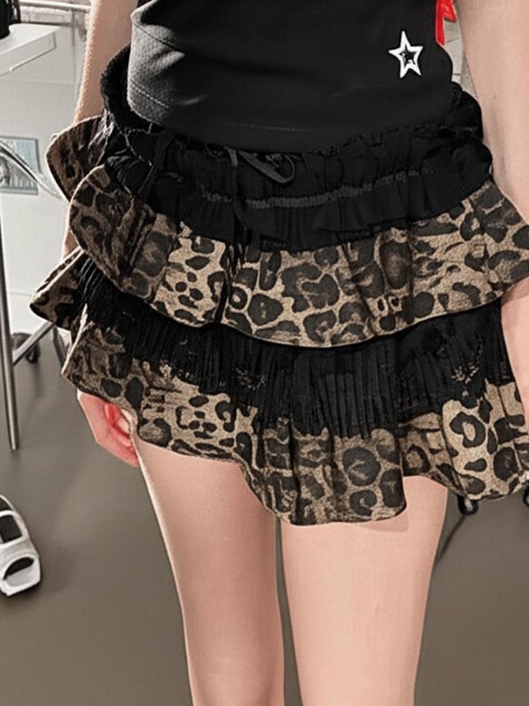 Leopard Print Lace Patchwork Y2K Skirt - European & American Sexy Slim Fit