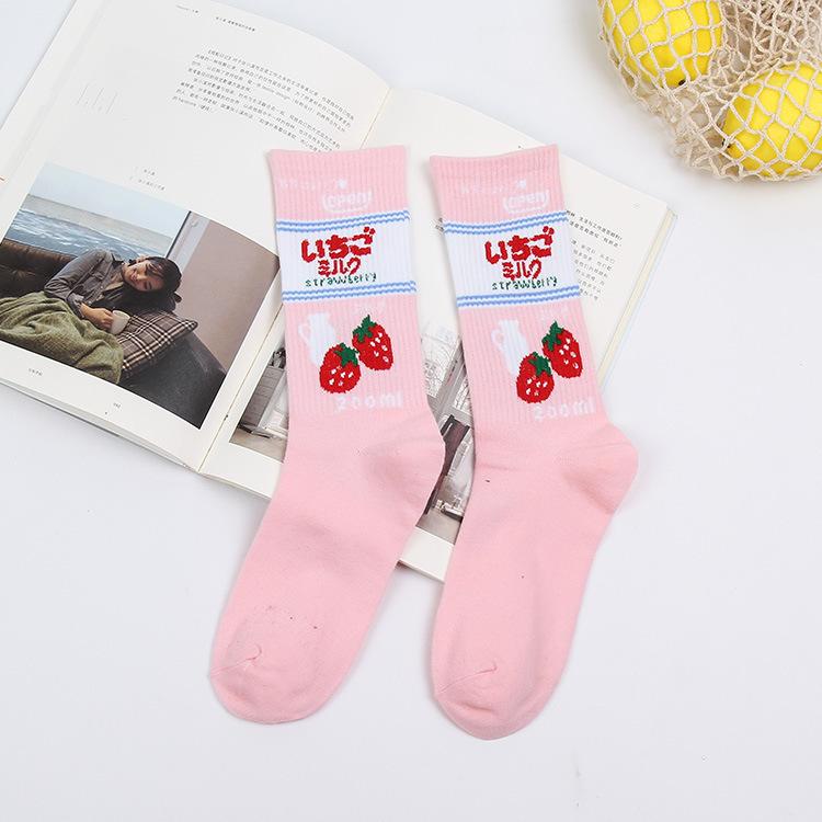Creative High Quality Fashion Harajuku Kawaii Happy Socks Women milk Food painting Strawberry Animal Print Funny Socks Cute Sock