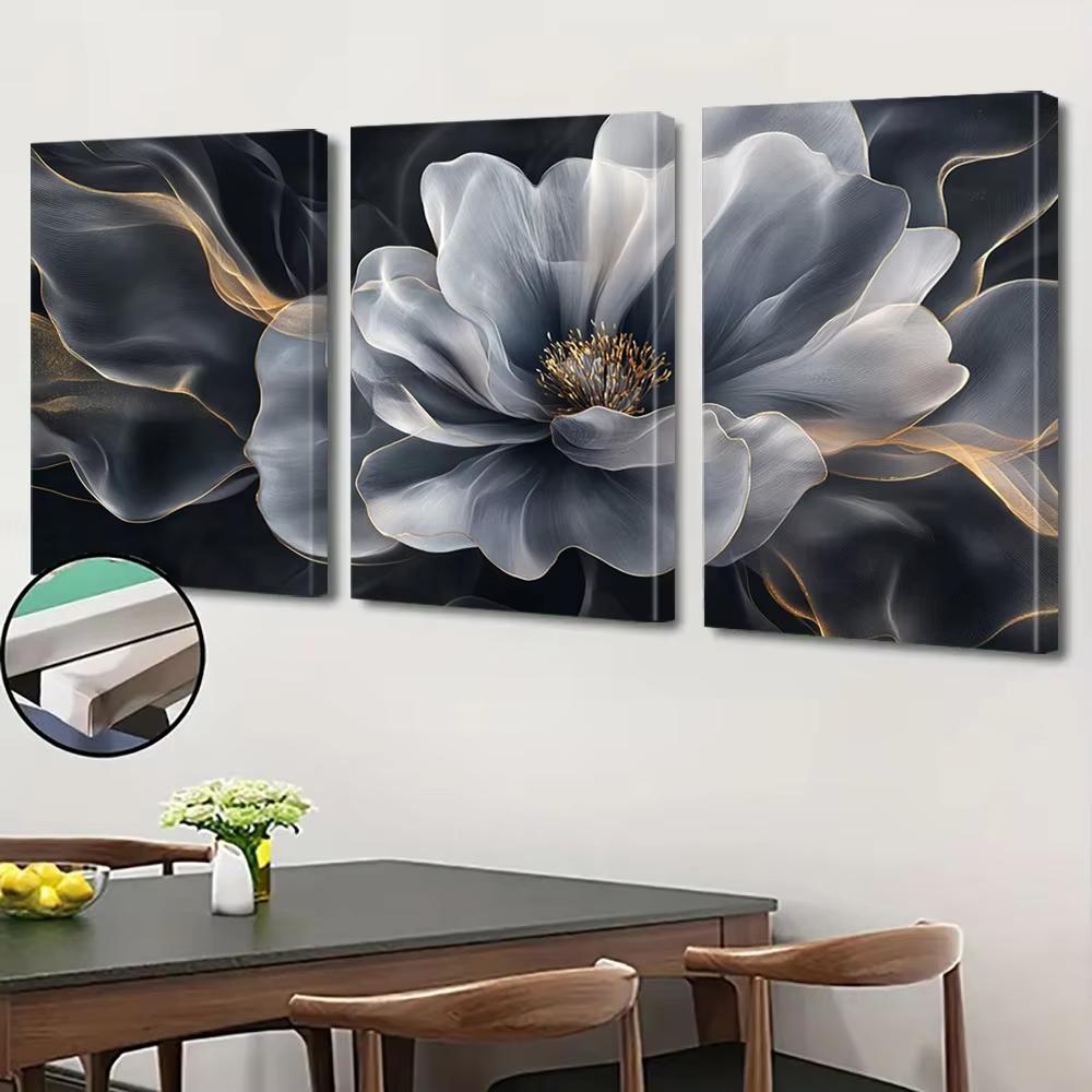 

3pcs Grey Floral Wall Art Prints - Cartoon-Style Blooming Flowers with Golden Accents, Frameless Horizontal Canvas Posters for L (as the picture,20x30cm-3pcs)