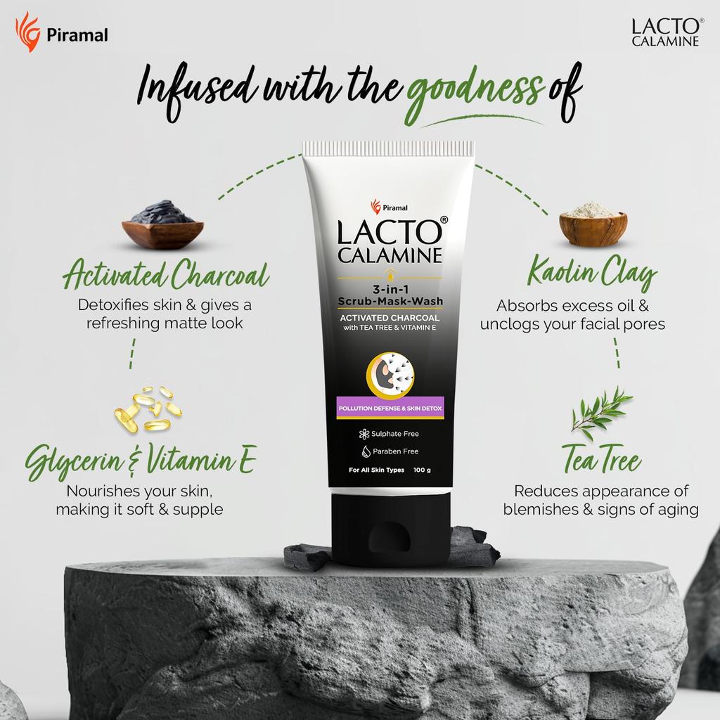 Lacto Calamine 3-in-1 Charcoal Face Scrub Mask Wash 100ml Multi-Action Cleanser With Kaolin Clay Tea Tree Oil And Vitamin E