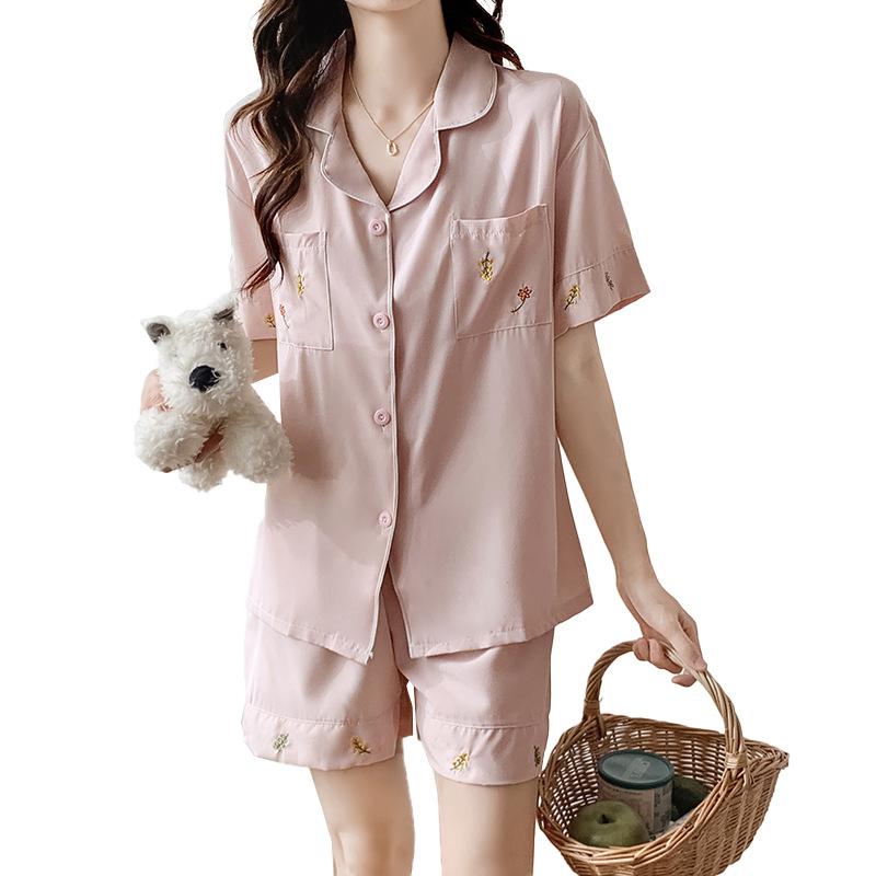 Summer Thin Ice Silk Embroidered Pajamas Set Small Lapel Loose Short-Sleeved Shorts Women'S Loungewear Two-Piece Set