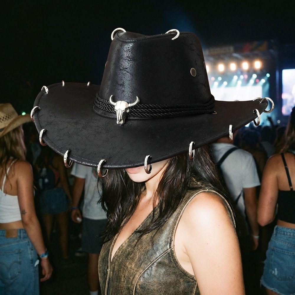 Pu Leather Western Cowboy Hat Wide Brim Cowgirl Cap Classic Panama Cap Men