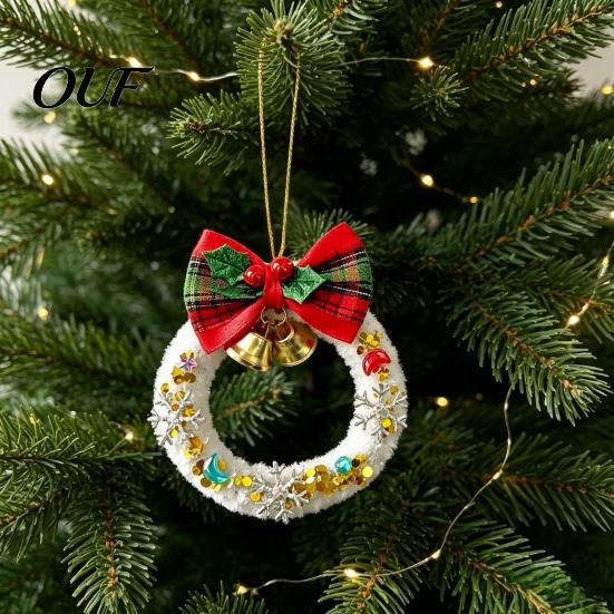 Small Fabric Decorations for Home Mini Christmas Wreath Ornament, Hanging Decoration with Plaid Bow And Reusable Holiday Ornaments Metal Bells,
