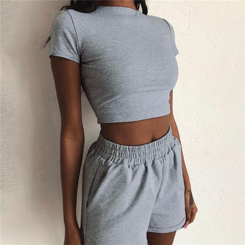 Ensemble de Sport confortable et Sexy pour femmes, couleur unie, col rond, manches courtes, haut court, taille haute, pantalon