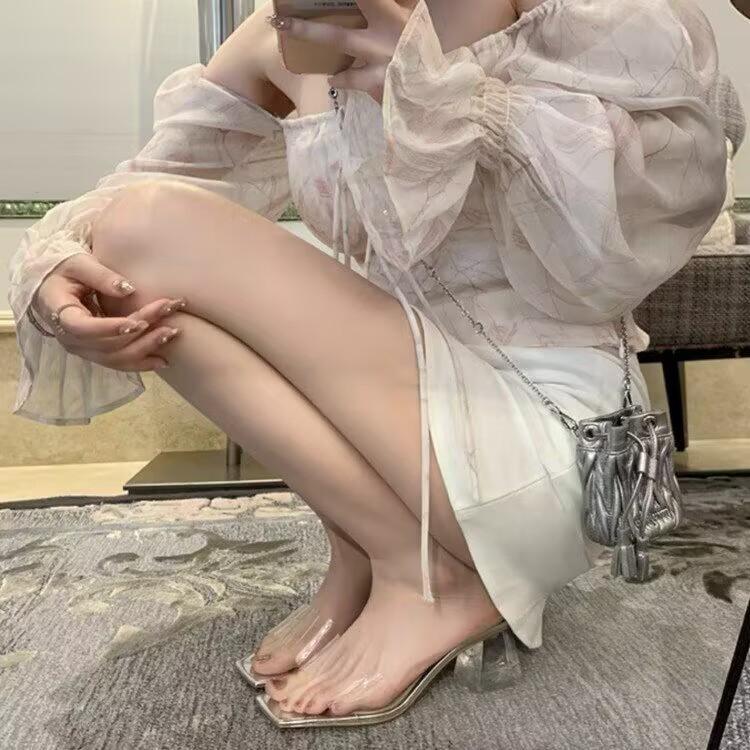 French crystal thick heel square head with slippers for women to wear in the summer of 2024, new high-heeled transparent sandals for women