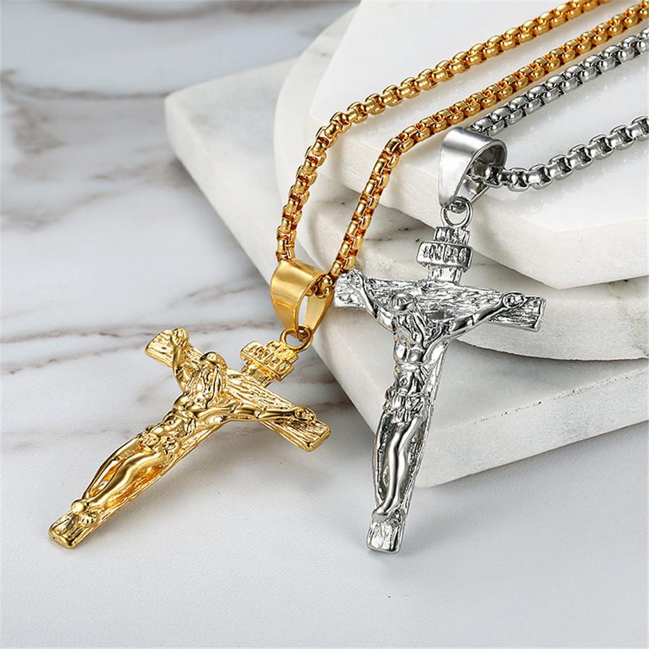 Religious Jesus Christ Cross Pendant Necklace for Women/Men Gold Color Stainless Steel Crucifix Necklaces Men Christian Jewelry