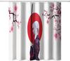 Japanese Shower Curtain, Watercolor Style Red Sun Silhouette Ninja In Moonlight Medieval Theme National Folk Asian Print