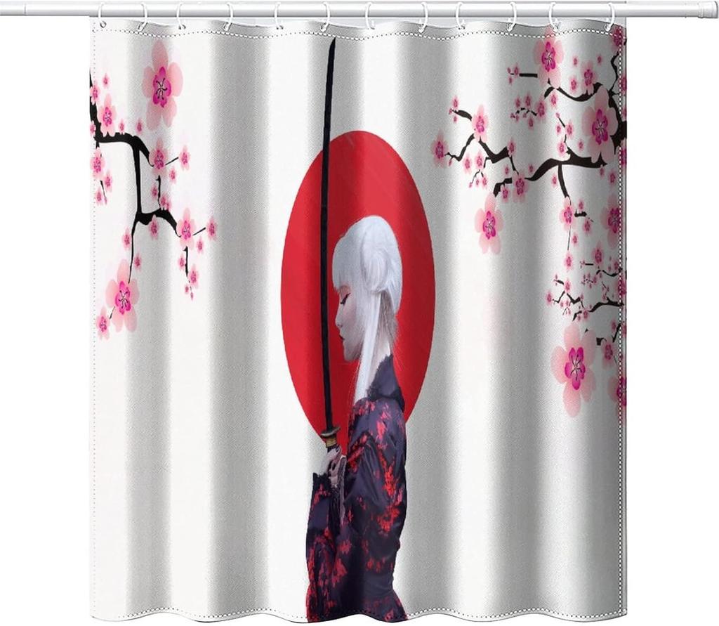 Japanese Shower Curtain, Watercolor Style Red Sun Silhouette Ninja In Moonlight Medieval Theme National Folk Asian Print