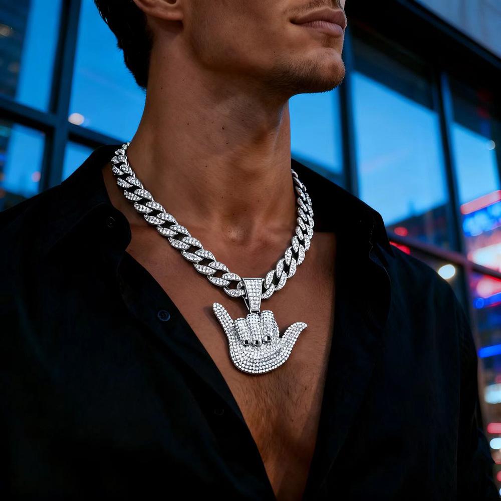 Alloy Full Diamond Lucky Gesture Pendant Personalized Male Hip Hop Cuban Chain Texture Finger Frame Necklace