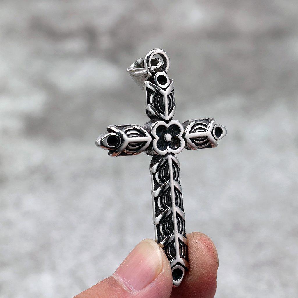 Vintage Solid Stainless Steel Double Sided Engraved Cross Pendant Unisex Necklace