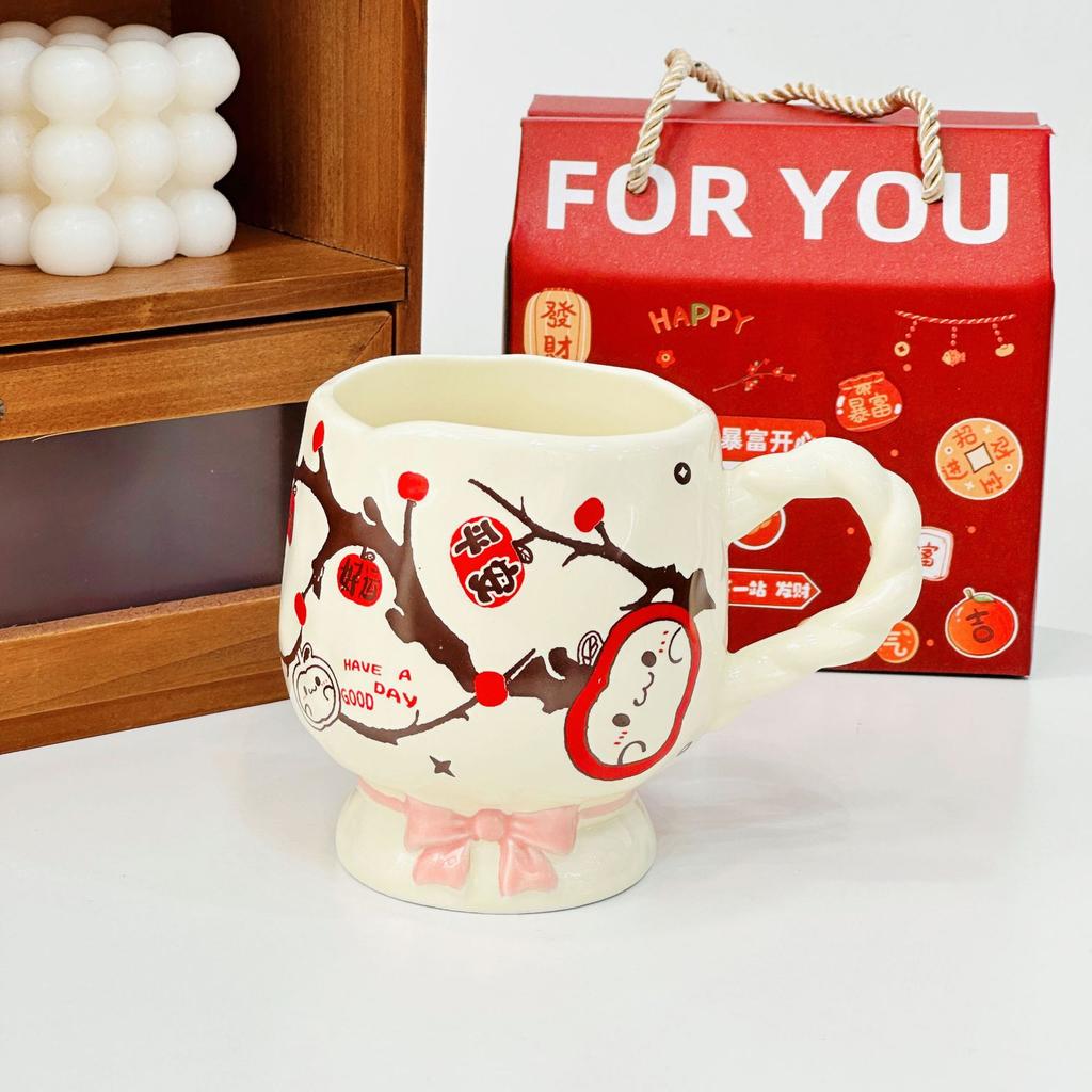 Large Capacity Water Cup Student Cup Cute Bow High Legged Ceramic Cup with Lid Mug High Appearance