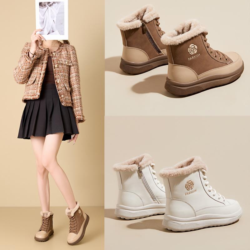 Fashion GKTINOO Genuine Leather Sneakers Women Snow Boots Casual Platform High Top Lace-up Winter Warm Plush Ladies Casual Shoes