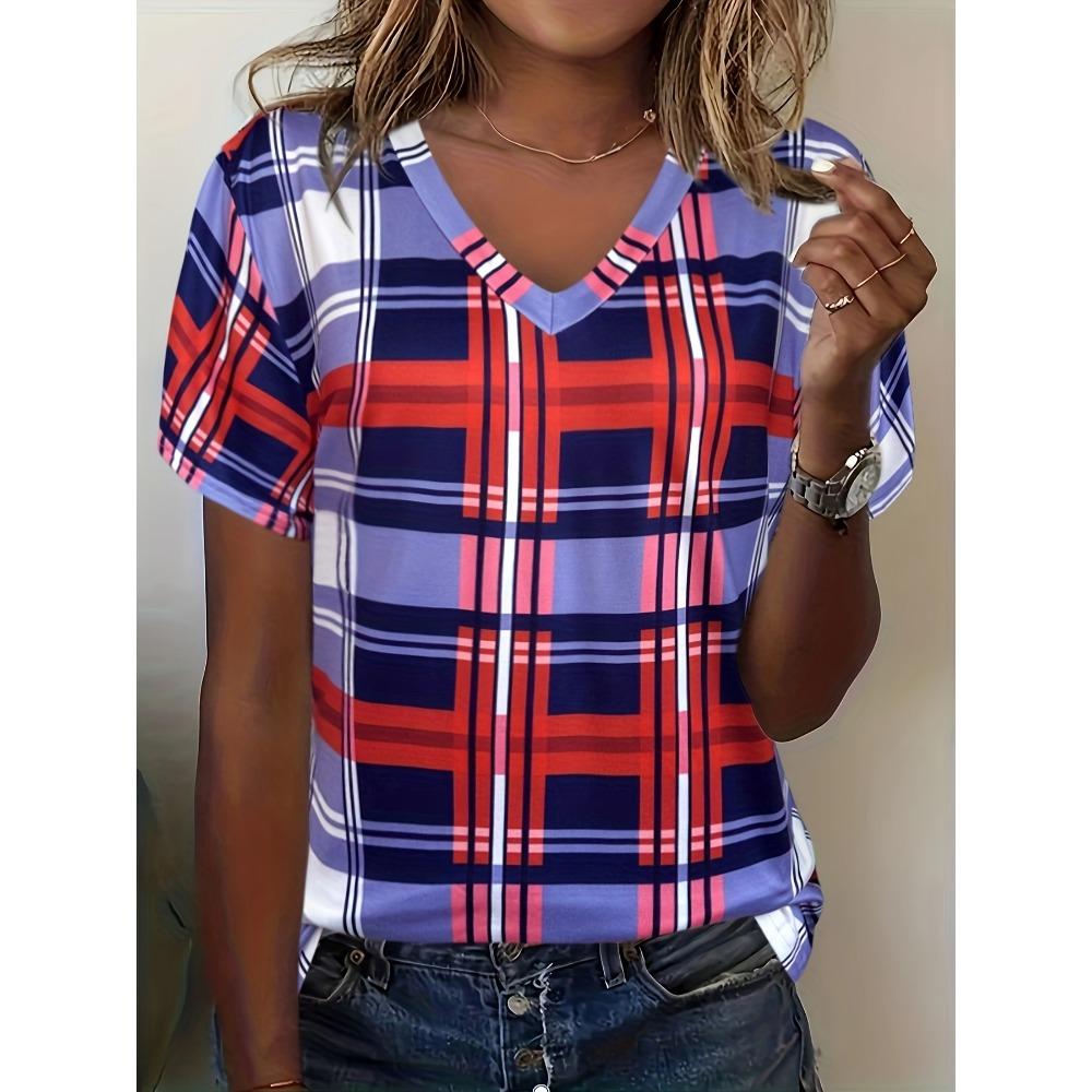 Camiseta mujer verano casual elegante simple cuello pico manga corta estampado floral top suelto ropa casual señoras camiseta