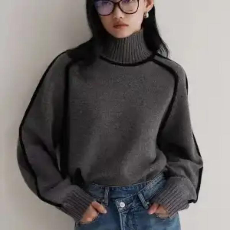 Women Autumn Winter Turtleneck Black Trim Knit Pullover Loose Sweater