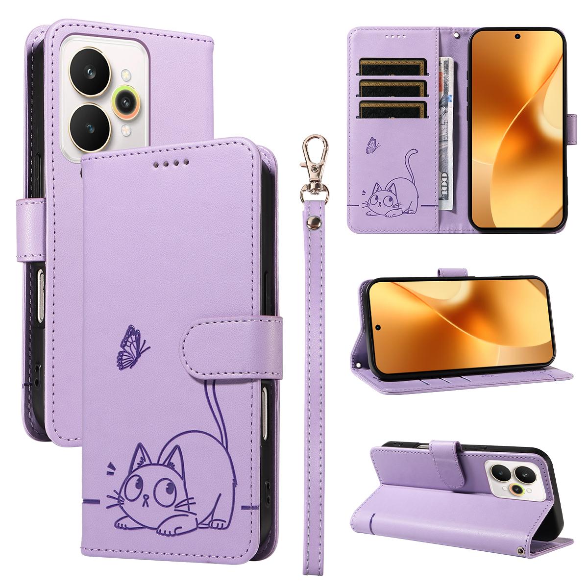 

For Realme 15 Pro 5G/Realme 15 5G Case Cat Pattern Imprint Leather Phone Cover with Wrist Strap
