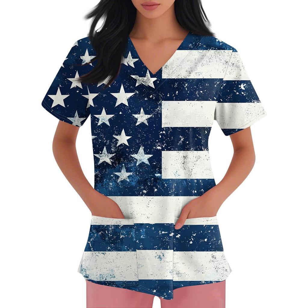 Women's Short Sleeve Independence Day Printed V-Neck Pocket Workwear Top
