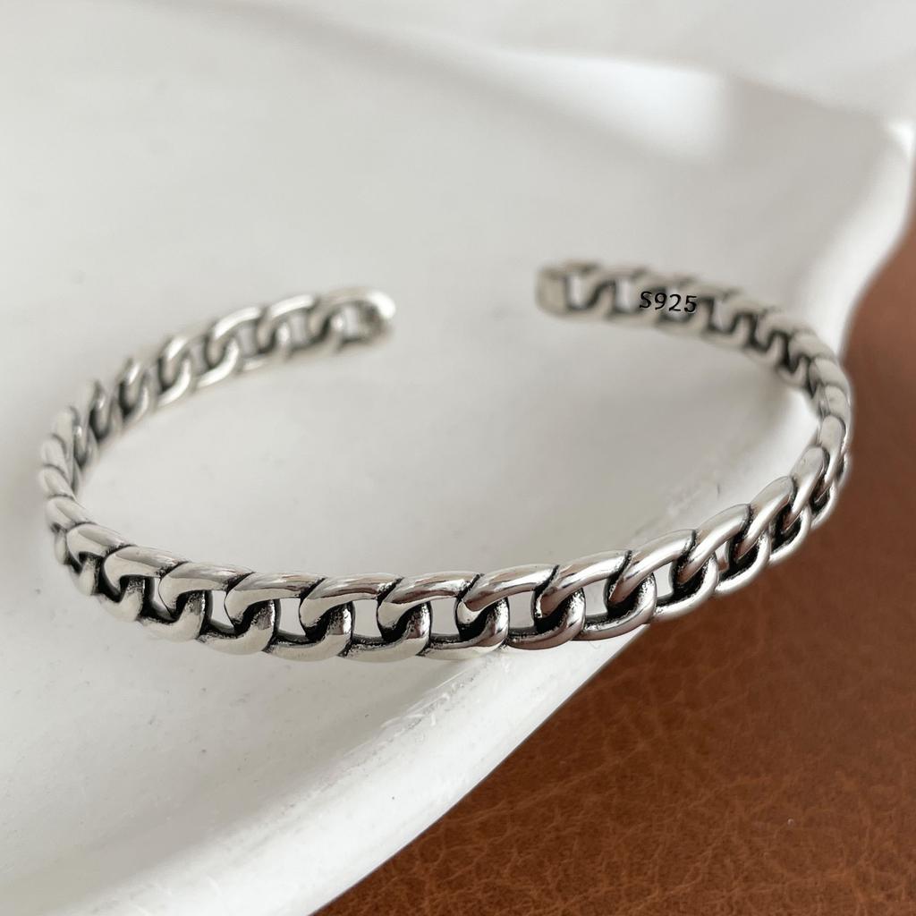 100% Solid 925 Sterling Silver Metal Bracelet for Women Vintage Handmade Simple Retro Black Stone Bracelet Birthday Gift Party