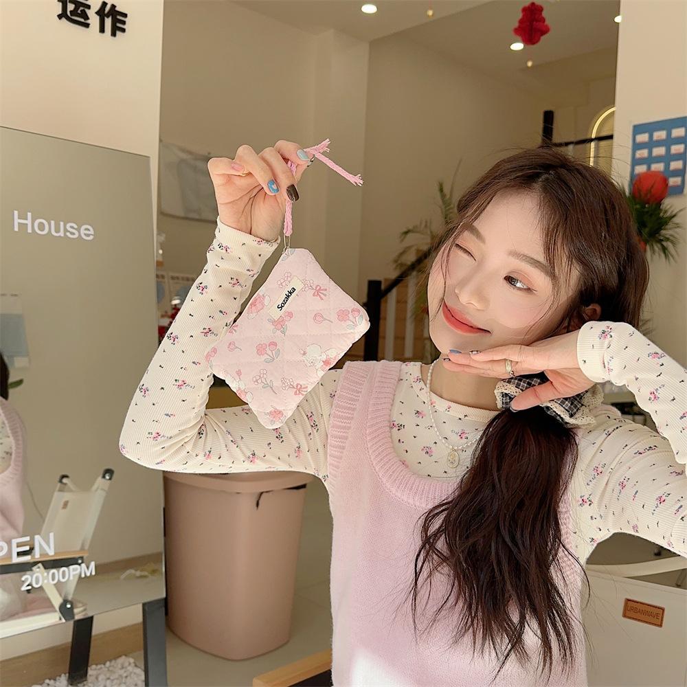 Cartoon Flower Square Cosmetic Bag Women Portable Earphones Lipstick Sanitary Napkins Storage Pouch Small Makeup Zipper Bags