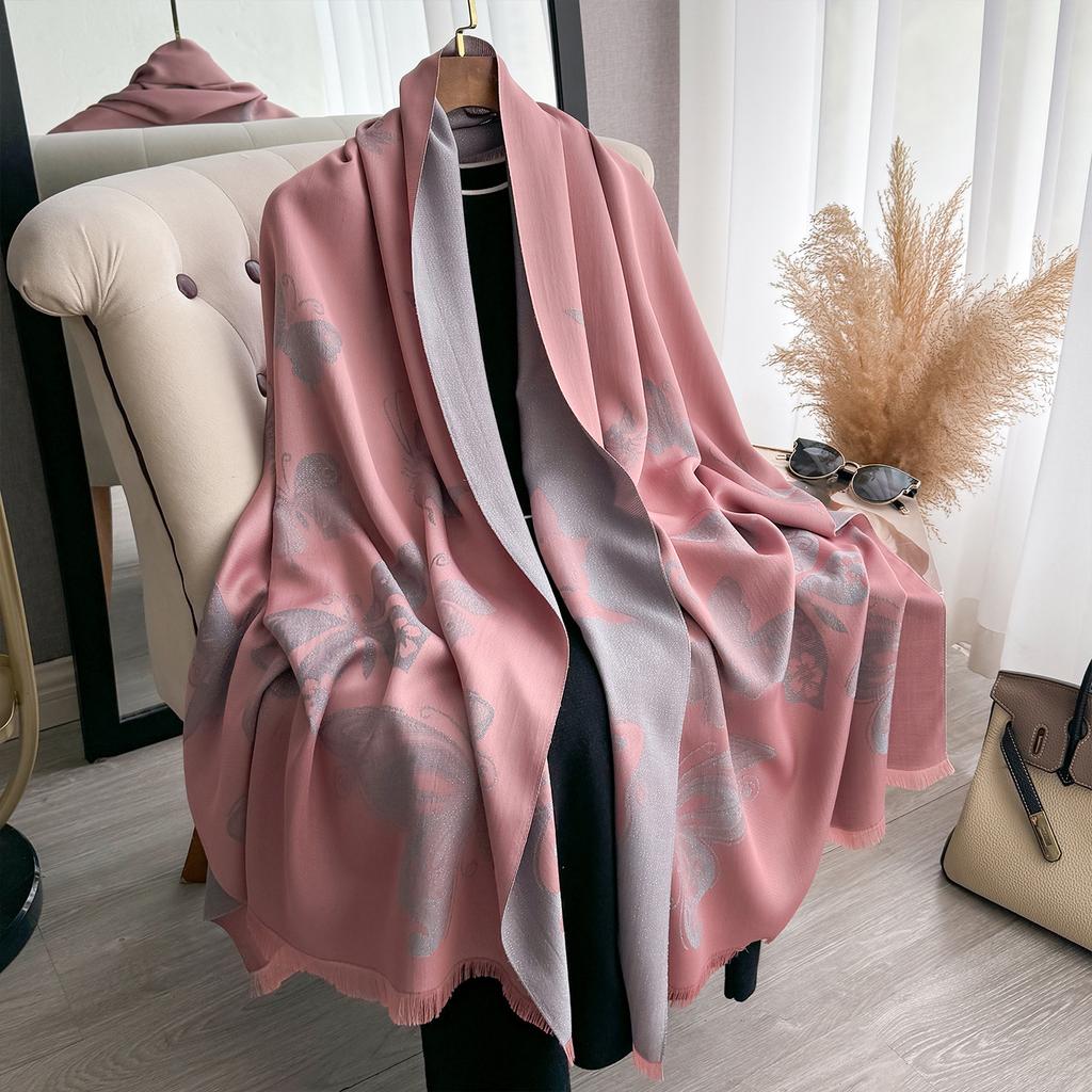 Butterfly Retro Trend Tencel Cotton Women'S Thermal Scarf Double-Sided Two-Color Fashion Shawl Silk Scarf