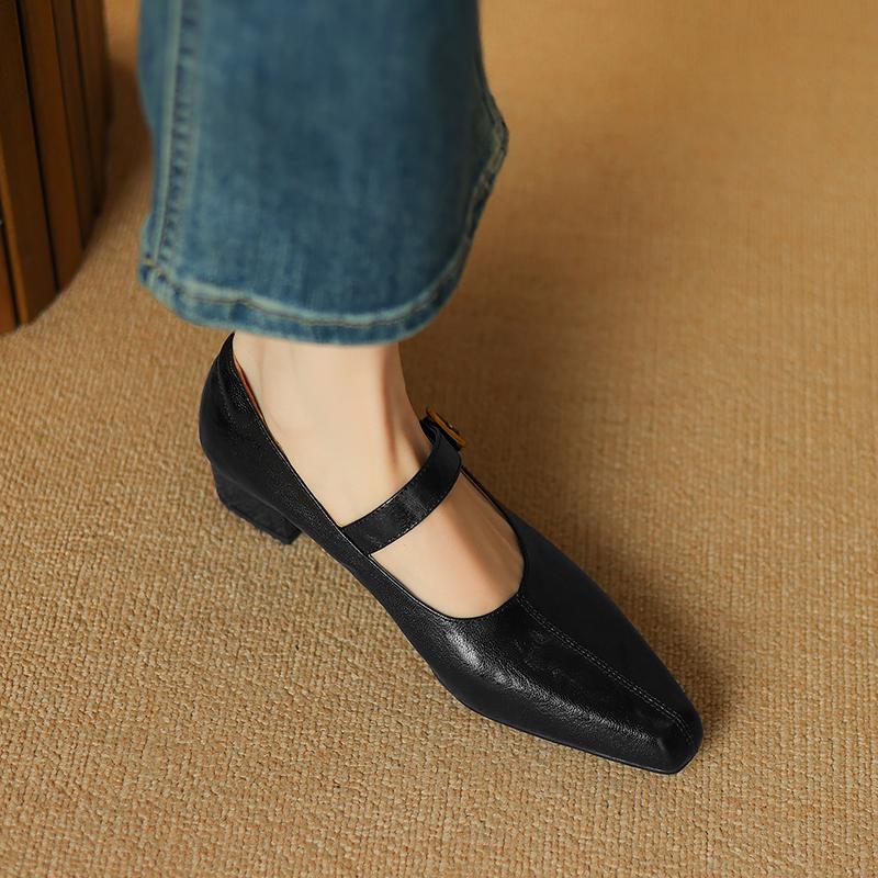 2024 New Women Pumps Genuine Leather Square Toe Buckle Strap Shoes Woman Thick Heels Spring Summer Basic Working Office Lady