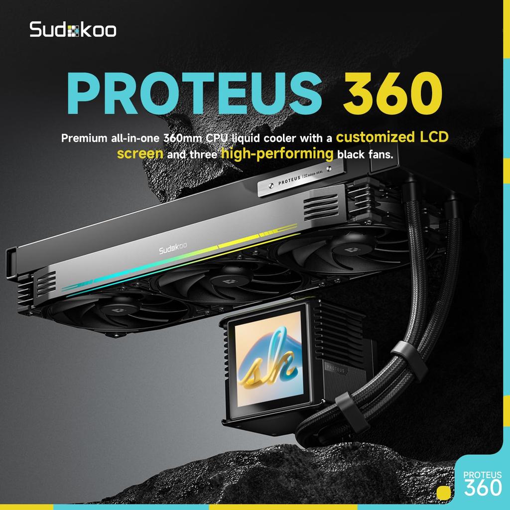 Sudokoo Proteus 360 Liquid CPU Cooler: 360mm AIO LCD CPU Cooler with Customizable 3.4-inch Digital Display - 30mm Thick Fan Water Cooling System