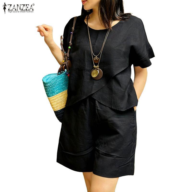 ZANZEA Women Short Sleeve Blouse and Shorts Summer Two Piece Suit Sets