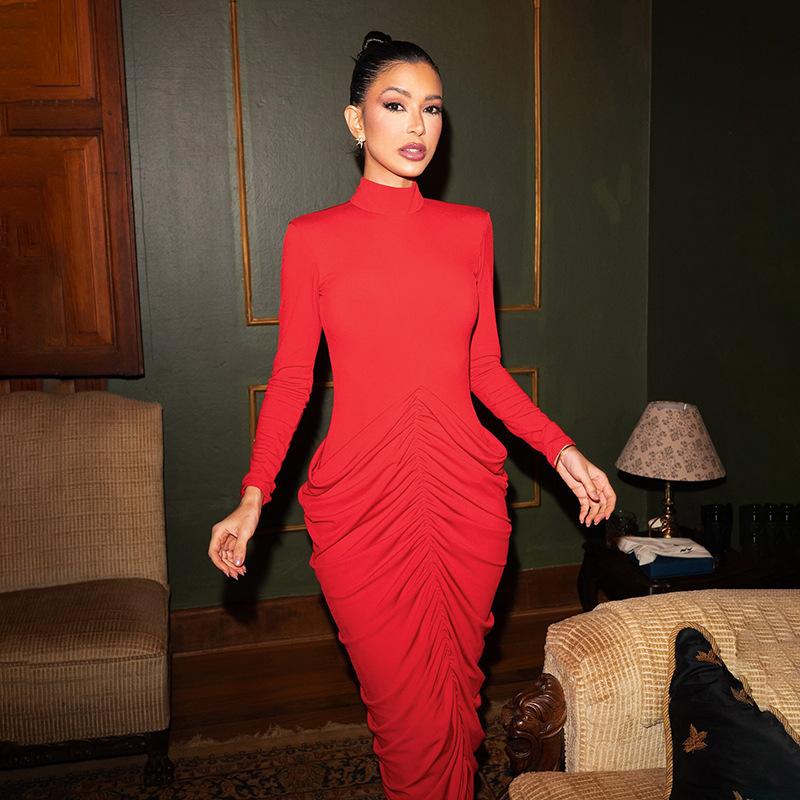 

European and American style women s clothing autumn new solid color temperament slim and thin pleated turtleneck long-sleeved dress long dress S красный