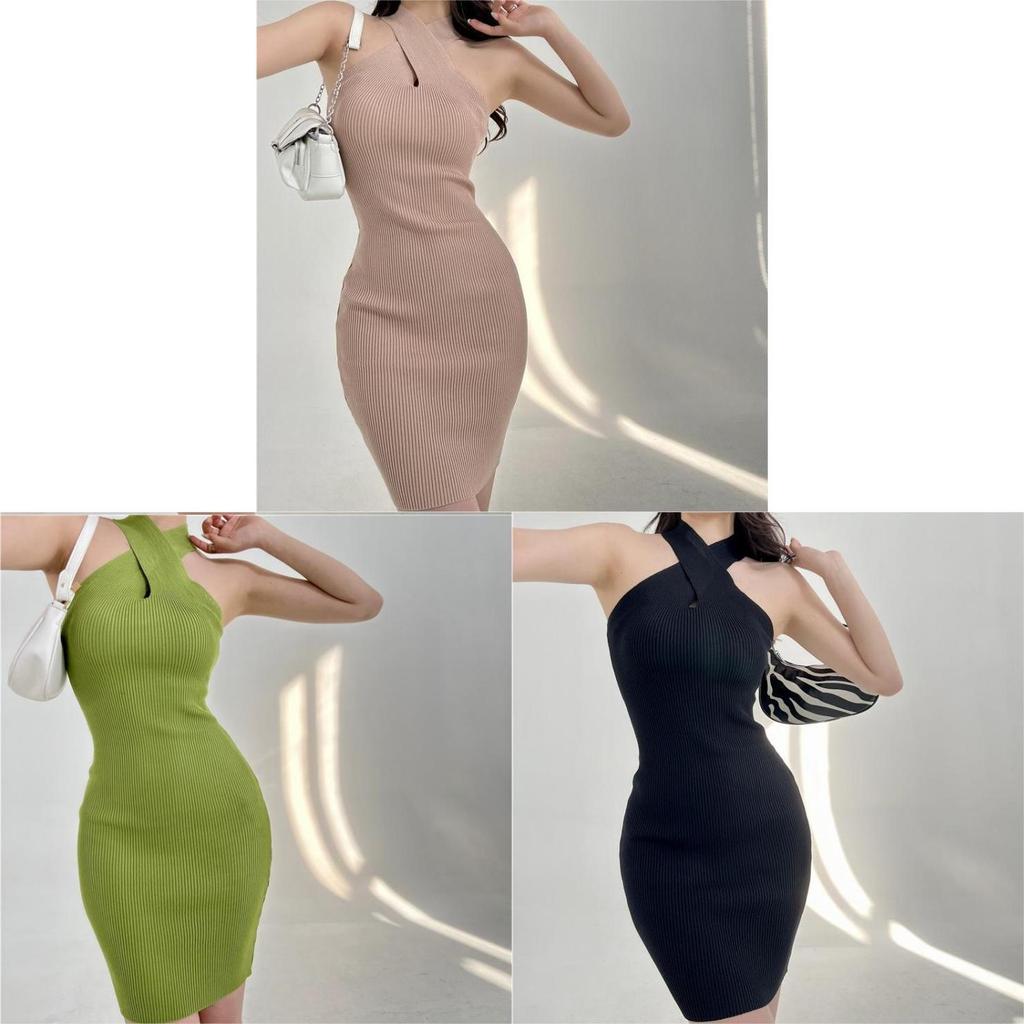 Summer Slim Knit Dress With Crosshalter Neck For Casual Women