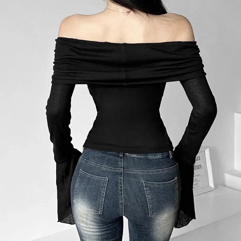 Y2k Aesthetic Simple Fashion Women's Tee Shirts Slash Neck Long Sleeve Solid Casual T-Shirts Vintage Off Shoulder Trendy Tshirts