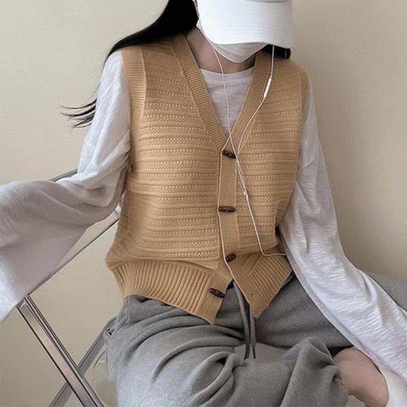 Podzimní korejská móda Pletená Retro vesta Ženy Nový design Volný All Match Svetr Bez rukávů Vesta Estetický roh Knoflík Vintage Cardigan