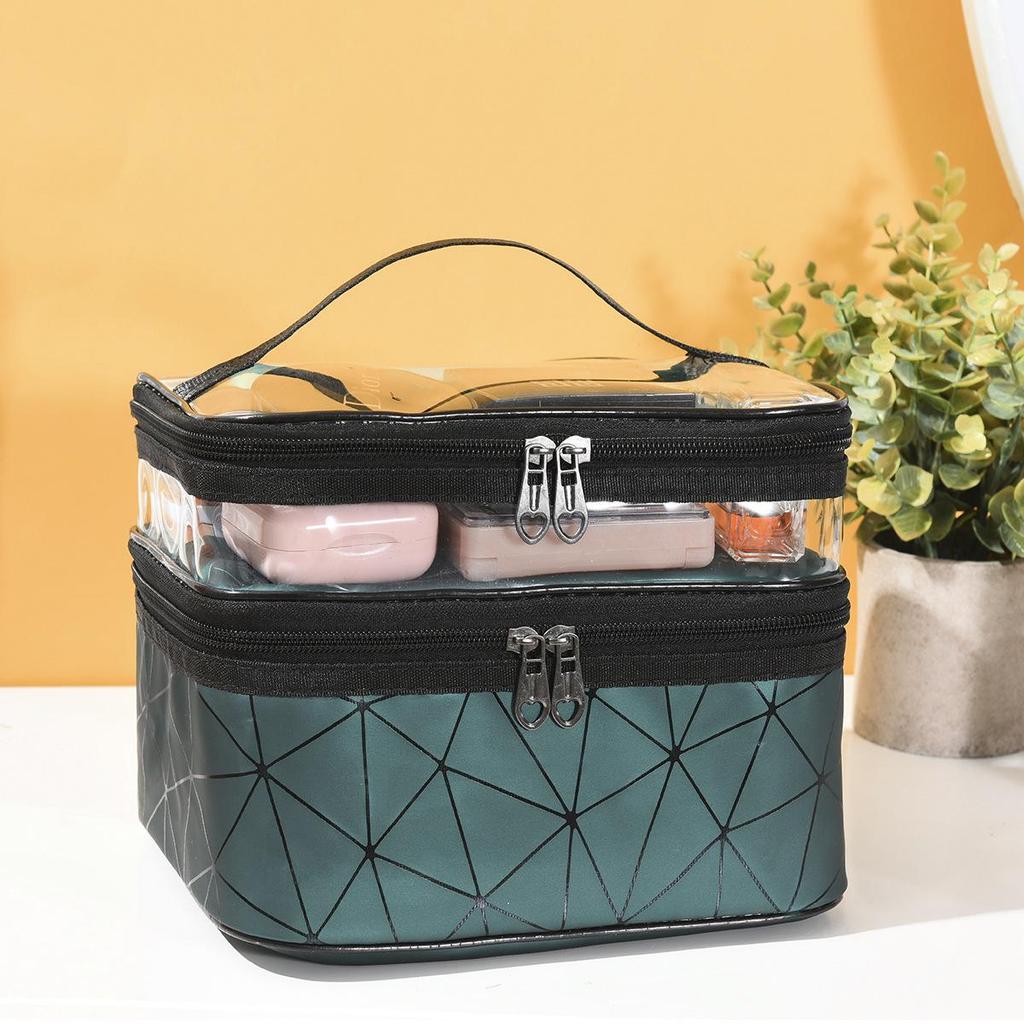 Women's Large PU Leather Double-Layer Makeup and Toiletry Bag - Portable & Multifunctional Lipstick Storage