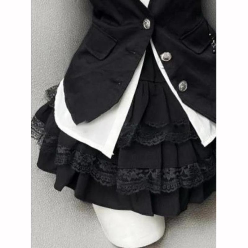 Gothic Retro Chic Outfit Damen Bluse mit Puffärmeln Weste Kurzer Rock Vintage Mode Anzug